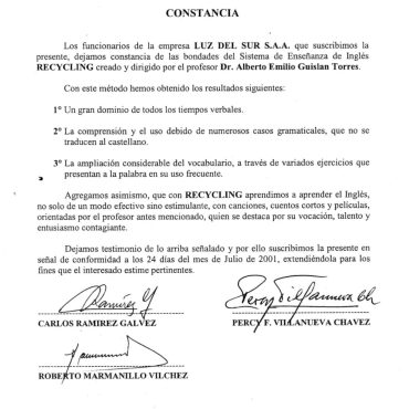 Recomendación de la empresa Luz del Sur para el profesor de inglés Alberto Guislan
