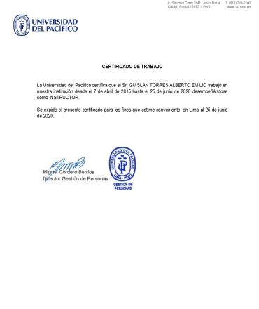 Certificado de Trabajo en la Universidad del Pacífico