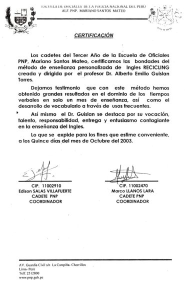 Recomendación de la Escuela de Oficiales PNP, Mariano Santos Mateo para el profesor de inglés Alberto Guislan